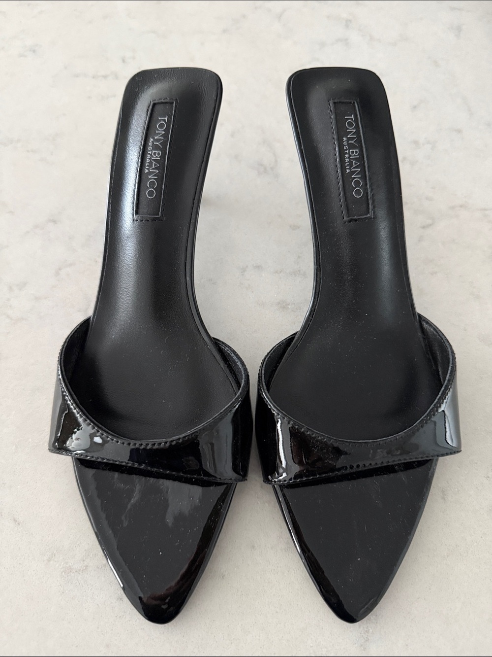 Tony Bianco Black Patent Pointed Slide Mules